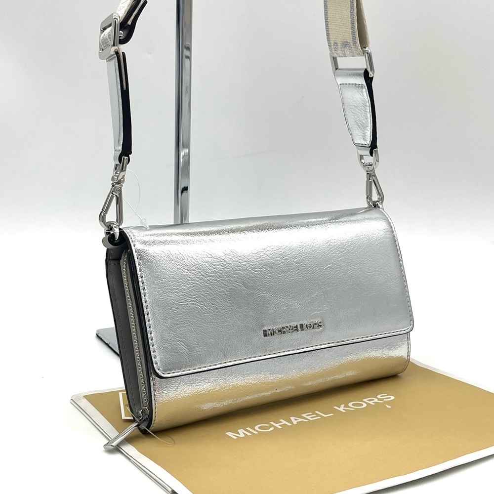 Michael Kors Large Zip Around Wallet Crossbody Bag Silver